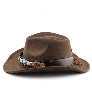 Detail view of dark brown suede cowboy hat with turquoise and amber ethnic leather band