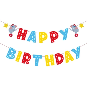 Glittery circus-themed Happy Birthday banner with colorful polka dots and elephant illustrations