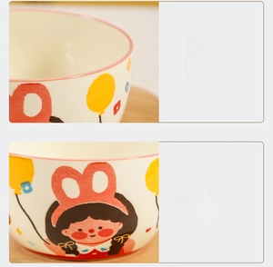 Détail d'un bol en céramique lisse avec motif de fille de dessin animé rétro pour famille