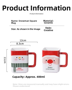 Detailed size specifications of 400ml Santa and Snowman ceramic square mugs