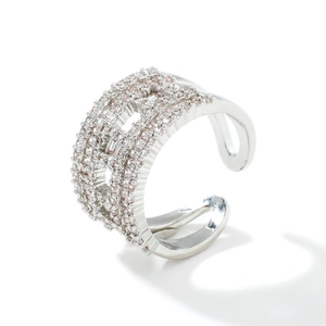 Adjustable silver copper ring featuring five rows of shimmering pave-set cubic zirconia