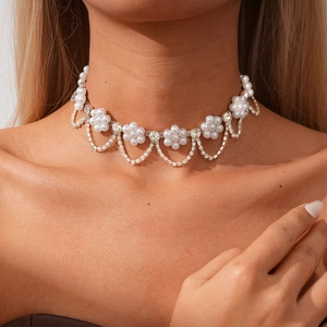 Collier Ras Du Cou Fleur À Franges Avec Künstliche Perle D'imitation Et Strass Bijoux De Mode Élégants Pour Femmes Couleur Argent