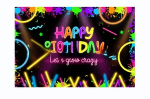 Neon glow birthday party banner with Happy Birthday and Let's glow crazy vibrant graphics