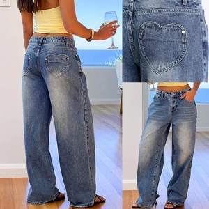 Wide Leg Jeans Retro Washed Denim Pants With Heart Shaped Back Pockets Loose Fit Mid Waist Casual Streetwear For Women