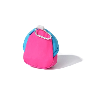 Pink and blue mini backpack keychain pouch with silver metal clasp on white background
