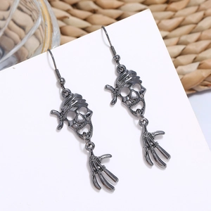 Gothic pirate skull and skeleton claw drop earrings in antique silver finish