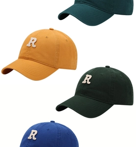 Vertical stack of multi-color cotton baseball caps featuring white embroidered R letter