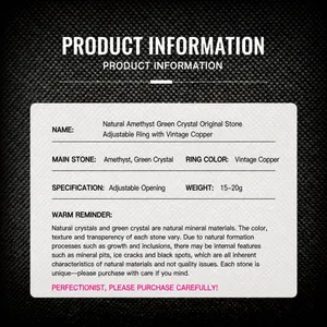 Detailed specification chart for natural amethyst ring with antique copper finish info