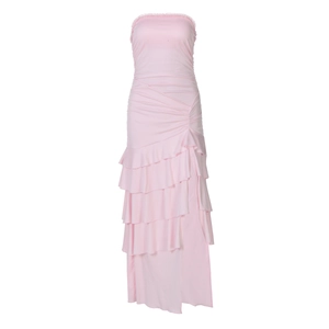 Detail of the layered pink strapless dress with elegant ruffle hem and side slit design