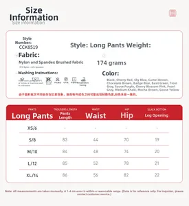 Tableau des tailles et détails du tissu pour leggings de yoga de sport pour femme