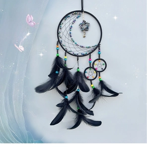 Detail view of black dreamcatcher with colored beads, stars, and feathers