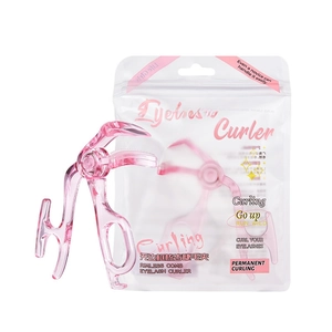 Pink rimless eyelash curler with comb teeth and transparent pouch in studio setting