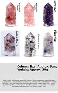 Macro shot of 5cm handmade resin crystal pillars featuring natural amethyst and quartz