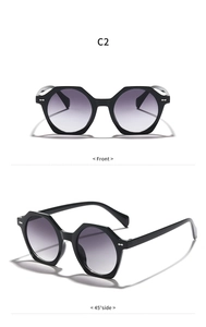 Front and side view of black geometric sunglasses with purple gradient lenses