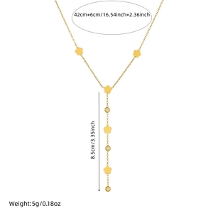 Long gold-plated Y-shaped stainless steel necklace featuring floral charms and tassels