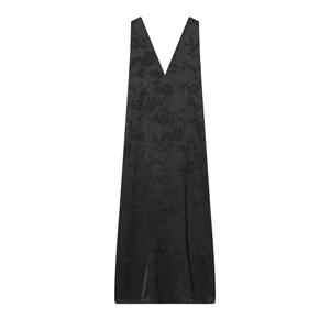Robe midi noire sans manches à col en V avec texture jacquard florale élégante