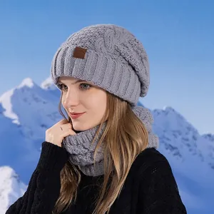 Winter Cable Knit Beanie And Neck Warmer Fleece Lined Thick Outdoor Warm Windproof Acrylic Skiing Hat And Scarf