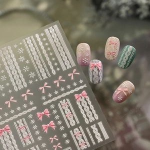5D embossed nail art stickers with white sweater texture, snowflakes and pink bows