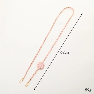 Pink leather metal chain with camellia charm and lobster clasps for phones or bags