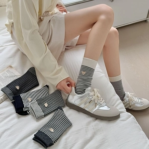 Women Crew Socks Combed Cotton Striped Pattern Cartoon Bear Embroidery Japanese Style Breathable Casual Mid-Calf Socks