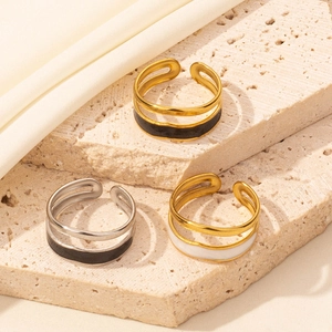 304 stainless steel double-layer open rings in gold and silver with black and white enamel