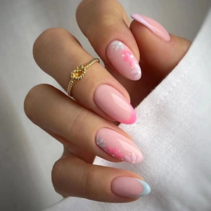 Press On Nails Pink Glossy Almond Shape French Tips With Small Flowers Design Manicure For Women Sweet Cute Style