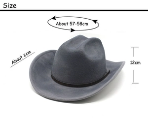 Detailed size chart of grey felt cowboy hat with 58cm head circumference and 8cm brim