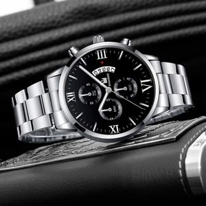 Men's silver stainless steel business watch with black Roman numeral dial and date display
