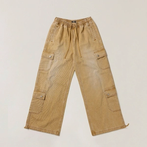 Vintage ginger wide-leg cargo pants with drawstring waist and multi-pocket utility design