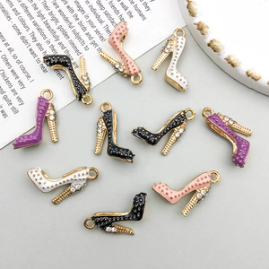 Detail of colorful enamel high heel charms with sparkling rhinestones for DIY jewelry