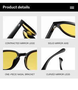 Détails de lunettes de soleil rondes avec verres jaunes, charnières et plaquettes