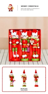 Detailed trio of 13cm wooden Christmas nutcrackers with candy cane and gift box decor
