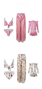 Détail d'un ensemble bikini avec haut imprimé, pantalon en mesh et jupe plissée
