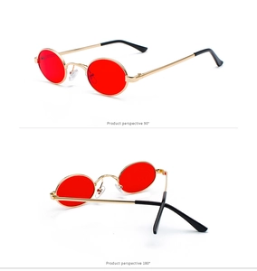 Dual perspective of retro small oval sunglasses with red lenses and gold metal frames