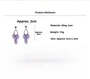 Detailed view of purple hollow leaf tassel earrings with precise size and weight dimensions