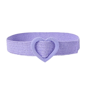 Lavender purple woven stretch belt featuring a matching heart-shaped buckle for dresses