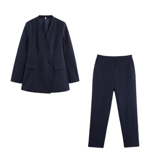 Women Business Blazer And Pants Outfit Double Breasted Solid Color Polyester Office Lady Elegant Streetwear Clothing