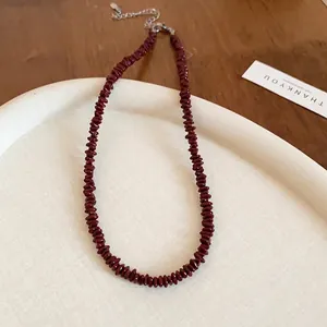 Burgundy irregular stone beaded necklace with adjustable silver lobster clasp for women