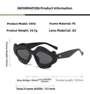 Size chart for black lip-shaped punk sunglasses showing frame width and lens dimensions