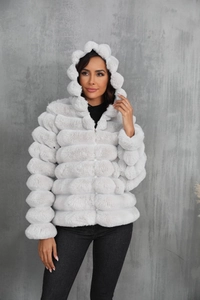Close-up of light gray faux fur hooded jacket with unique bubble texture and metal zipper
