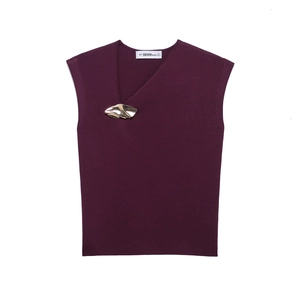 Deep purple asymmetric v-neck sleeveless knit top with a stylish gold metallic accent