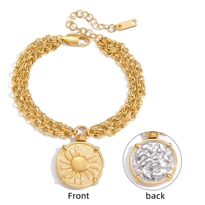 Detailed front and back views of a double-layer gold sun coin bracelet in stainless steel