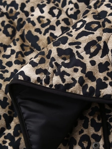 Close-up of leopard print quilted jacket showing texture and stitching details