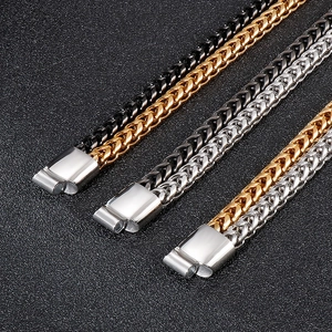 Detailed shot of double-layer titanium steel chain bracelets in three metallic colorways