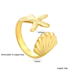 Verstellbarer goldener Seestern- und Muschelring aus Edelstahl mit Maßangaben