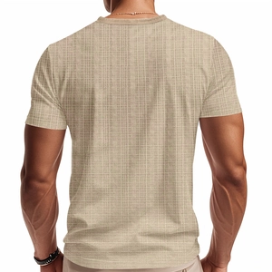 Detail of men's beige T-shirt showing back view and textured waffle knit fabric