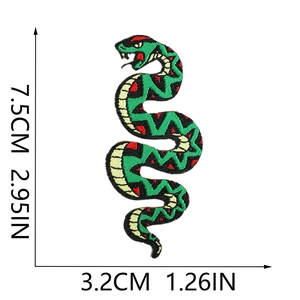 Detailed embroidery texture of green snake patch with 7.5cm height and 3.2cm width markers