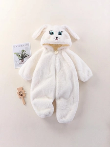Cute white baby plush romper with bunny ears and cartoon face for autumn and winter