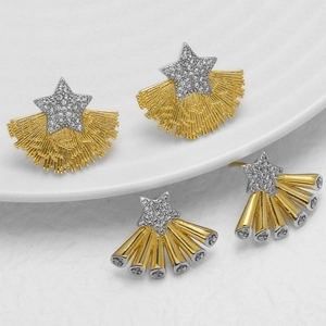 Star Stud Earrings Copper 18K Gold Plated Micro Pave Zircon Pentagram Fan Shaped Two-Tone For Women With 14K Gold Earring Post