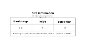 Size chart for black elastic waist belt showing 6cm width and 63cm length specifications